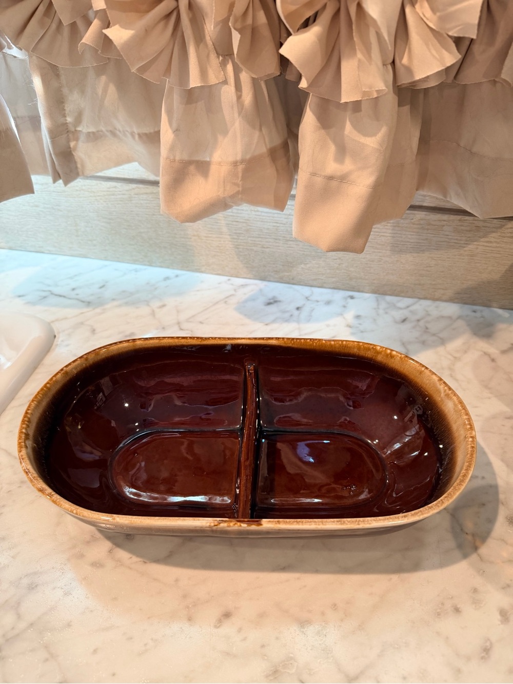 Vintage McCoy Pottery brown Drip Divided Cooking Serving Bowl